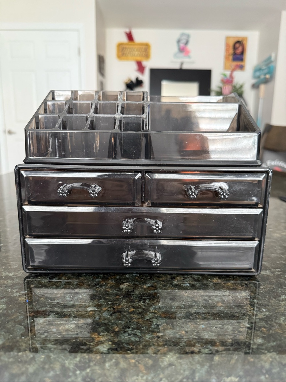 Black Acrylic Makeup/Jewelry Organizer with Drawers and Removable Top